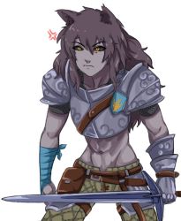 Rule 34 | angry, animal ears, armor, black eyes, character request, chest plate, long hair, sword, urustam, weapon, white background