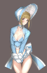 Rule 34 | 1girl, black eyes, blunt bangs, blush, bonnet, breasts, brown hair, cleavage, cowboy shot, eyelashes, gloves, grey background, highres, legs together, looking at viewer, midriff, navel, original, own hands together, simple background, solo, standing, stomach, thigh gap, thighhighs, tsukino wagamo, white gloves