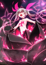 Rule 34 | 1girl, choker, cross, flower, mary skelter, mizunashi (second run), open mouth, oyayubihime (mary skelter), red eyes, solo, topless, twintails, white hair