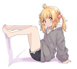 Rule 34 | 1girl, absurdres, ahoge, aoi tori, barefoot, black shorts, blonde hair, blush, closed mouth, dolphin shorts, dot nose, drawstring, feet against wall, full body, grey hoodie, hair bobbles, hair ornament, highres, hood, hood down, hoodie, long hair, long sleeves, looking at viewer, original, pout, shadow, shorts, sidelocks, sitting, solo, twintails, white background
