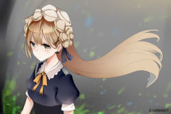 Rule 34 | 1girl, artist name, black dress, breasts, brown eyes, closed mouth, cross, cross earrings, dress, earrings, girls&#039; frontline, hair ornament, hairclip, highres, jewelry, ksartworks, light brown hair, long hair, looking at viewer, neck ribbon, orange ribbon, ppk (girls&#039; frontline), ribbon, simple background, small breasts, smile, solo, upper body