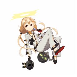 Rule 34 | 1girl, ahoge, ankh, ball and chain restraint, belt, belt skirt, blonde hair, blush, bodysuit, brown eyes, brown hair, buckle, candy, center opening, chain, spiked halo, cosplay, expressionless, floating hair, food, from side, full body, futaba anzu, gloves, glowing, glowing eyes, guilty gear, guilty gear xrd, halo, highres, holding, holding mask, idolmaster, idolmaster cinderella girls, igarashi hiromi, jack-o&#039; valentine, jack-o&#039; valentine (cosplay), jewelry, kuroshiro (ms-2420), lollipop, long hair, looking at viewer, low twintails, mask, unworn mask, necklace, no bra, open clothes, parted bangs, shoes, simple background, sitting, solo, studded belt, twintails, unzipped, very long hair, voice actor connection, white background, zipper