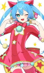 Rule 34 | + +, 1girl, animal ears, back bow, blue eyes, blue hair, blush, bow, bowtie, cat ears, cowboy shot, double-parted bangs, dress, fangs, frilled dress, frills, hair between eyes, hatsune miku, index finger raised, long hair, looking at viewer, mmo!!!!, one eye closed, open mouth, pointing, pointing at self, pom pom (clothes), project sekai, red bow, red bowtie, red dress, red thighhighs, sidelocks, simple background, solo, sparkling eyes, star (symbol), star cutout, star print, thighhighs, twintails, very long hair, vocaloid, white background, wonderlands x showtime miku, zettai ryouiki