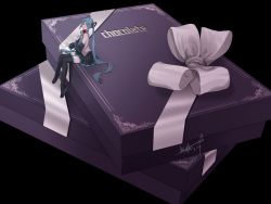 Rule 34 | 1girl, aqua hair, aqua nails, bare shoulders, black background, black skirt, black sleeves, black thighhighs, boots, box, box of chocolates, commentary, dated, detached sleeves, floral bow, flower, forehead, full body, green eyes, hair ornament, hatsune miku, highres, knees together feet apart, long hair, long sleeves, looking at viewer, mini person, minigirl, nail polish, open mouth, ribbon, ringo no usagi (artist), rose, shadow, signature, simple background, sitting, skirt, solo, thigh boots, thighhighs, twintails, very long hair, vocaloid, white ribbon, wide sleeves