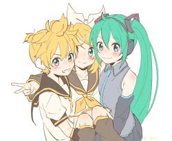 Rule 34 | 1boy, 2girls, aqua eyes, aqua hair, aqua necktie, bare shoulders, blonde hair, blush, brother and sister, carrying, detached sleeves, grin, hair ornament, hatsune miku, headphones, highres, kagamine len, kagamine rin, long hair, looking at viewer, m0ti, multiple girls, neckerchief, necktie, school uniform, shirt, short hair, siblings, sleeveless, sleeveless shirt, smile, twintails, twitter username, upper body, v, very long hair, vocaloid, white background, yellow neckerchief