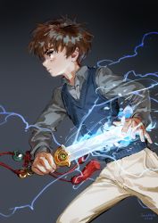 Rule 34 | 1boy, 2018, artist name, brown hair, cardcaptor sakura, child, closed mouth, collared shirt, dated, electricity, fighting stance, glowing, glowing sword, glowing weapon, gradient background, grey background, grey shirt, highres, holding, holding sword, holding weapon, jane mere, legs apart, li xiaolang, long sleeves, male focus, pants, profile, serious, shirt, solo, standing, sweater vest, sword, tassel, weapon, white pants, wing collar