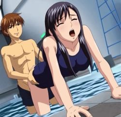 Rule 34 | animated, animated gif, ass, ass grab, black hair, bouncing breasts, breasts, clothed sex, doggystyle, dreamnote, third-party edit, closed eyes, long hair, pool, school swimsuit, sex, sex from behind, stitched, swimsuit, takanashi yumi, third-party edit, topless