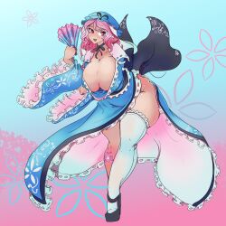 Rule 34 | 1girl, :d, black footwear, blue background, blue hat, breasts, cherry blossom print, cleavage, curvy, floral print, full body, gradient background, greenm, hat, highres, huge breasts, looking at viewer, mob cap, open mouth, pink background, pink eyes, pink hair, saigyouji yuyuko, short hair, single thighhigh, smile, solo, tattoo, thighhighs, touhou, variant set, white thighhighs
