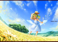 Rule 34 | 1girl, alternate costume, alternate wings, angel wings, blue eyes, blue sky, cloud, daiyousei, day, dress, female focus, field, fisheye, flower, flower field, forest, green hair, hair ribbon, hand on headwear, happy, hat, highres, letterboxed, looking at viewer, low wings, nature, open mouth, outdoors, petals, ribbon, sachito, side ponytail, sky, smile, solo, sundress, touhou, white dress, wings