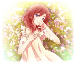 Rule 34 | 10s, 1girl, dress, field, flower, flower field, from above, grass, hand on own chest, hand to head, light smile, long hair, looking at viewer, love live!, love live! school idol project, lying, nishikino maki, outdoors, petals, purple eyes, red hair, sleeveless, solo, yuzucky