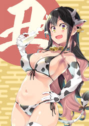 Rule 34 | 1girl, alternate costume, animal ears, animal print, bell, bikini, black hair, blush, bottle, bow, breasts, cleavage, collar, collarbone, commentary request, cow ears, cow print, cow print bikini, cowboy shot, ear tag, elbow gloves, fang, gloves, hairband, halterneck, hand on own hip, highres, horns, imu sanjo, kantai collection, large breasts, long hair, looking at viewer, multicolored hair, naganami (kancolle), navel, open mouth, pink hair, print bikini, ribbon, side-tie bikini bottom, smile, solo, standing, string bikini, swimsuit, tail, thighhighs, two-tone hair, underboob, very long hair, yellow eyes