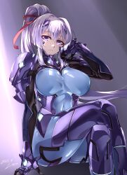 Rule 34 | 1girl, armored bodysuit, breasts, character request, colored skin, commentary request, commission, crossed legs, dated, fortified suit, hair intakes, hair ribbon, hand on own cheek, hand on own face, hayabusa aoi, highres, large breasts, long hair, looking at viewer, muv-luv, ponytail, purple eyes, purple hair, ribbon, shiny clothes, signature, sitting, skeb commission, solo, white skin