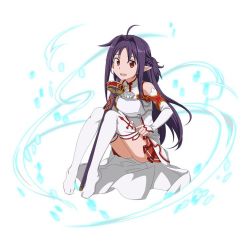 Rule 34 | 1girl, :d, ahoge, armor, asuna (sao), asuna (sao) (cosplay), breastplate, cosplay, detached sleeves, floating hair, full body, long hair, miniskirt, no shoes, open mouth, pleated skirt, pointy ears, purple hair, red eyes, red skirt, sheath, sheathed, simple background, sitting, skirt, smile, solo, sword, sword art online, thighhighs, very long hair, weapon, white armor, white background, white thighhighs, yuuki (sao), zettai ryouiki