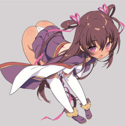 Rule 34 | 1girl, ass, blade (galaxist), brown hair, commentary request, grey background, hair between eyes, highres, long hair, looking at viewer, open mouth, original, pink eyes, simple background, solo, thighhighs, white thighhighs