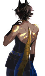 Rule 34 | 1boy, absurdres, arjuna (fate), arjuna alter (fate), back, black hair, black pants, black shirt, body markings, choker, dark skin, embroidery, facing away, fate/grand order, fate (series), gloves, gold, highres, horns, jewelry, looking away, male focus, pants, shirt, tail, tail ornament, tsubashima, white background