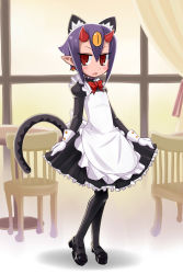 Rule 34 | 1girl, animal ears, apron, bad id, bad pixiv id, black pantyhose, blush, blush stickers, bow, cat ears, cat tail, chair, curtsey, demon girl, desco (disgaea), disgaea, dress, earrings, full body, gloves, highres, horns, indoors, jewelry, kemonomimi mode, maid, maid apron, makai senki disgaea 4, pantyhose, pastryfuntube, pointy ears, purple hair, red eyes, ribbon, ringed eyes, shoes, short hair, skirt hold, solo, table, tail, waitress, white gloves, window
