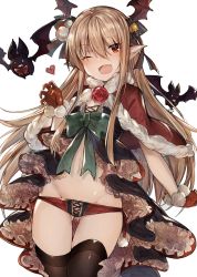 Rule 34 | 1girl, absurdres, bat (animal), bell, black thighhighs, blonde hair, bow, bowtie, capelet, claw pose, corset, cowboy shot, fangs, flower, frills, gloves, gluteal fold, granblue fantasy, green ribbon, groin, hair bell, hair between eyes, hair ornament, hair ribbon, hand up, highres, hollow eyes, long hair, looking at viewer, lowleg, lowleg panties, navel, one eye closed, open mouth, panties, pointy ears, red bow, red bowtie, red eyes, red flower, red gloves, red panties, red rose, ribbon, rose, ryuuji teitoku, santa costume, shingeki no bahamut, simple background, smile, solo, stomach, thigh gap, thighhighs, underwear, vampy, very long hair, white background