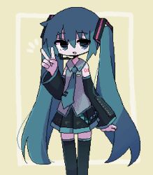 Rule 34 | 1girl, aqua hair, aqua necktie, black skirt, black sleeves, black thighhighs, blue eyes, border, collared shirt, detached sleeves, feet out of frame, grey shirt, hair ornament, hand up, hatsune miku, headset, highres, jaggy lines, kanikan, long hair, long sleeves, looking at viewer, miniskirt, necktie, number tattoo, open mouth, outside border, pleated skirt, shirt, simple background, skirt, sleeveless, sleeveless shirt, solo, standing, tattoo, thigh gap, thighhighs, twintails, v, very long hair, vocaloid, white border, yellow background, zettai ryouiki