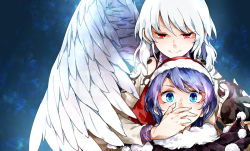 Rule 34 | 2girls, blue eyes, blue hair, closed mouth, commentary request, covering own mouth, doremy sweet, feathered wings, hat, kikuichi monji, kishin sagume, long sleeves, multiple girls, nightcap, pom pom (clothes), red eyes, single wing, touhou, white hair, white wings, wings