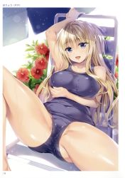 Rule 34 | 1girl, absurdres, arm up, armpits, bare shoulders, beach chair, beach umbrella, blonde hair, blue eyes, breast hold, breasts, chair, covered navel, flower, highres, large breasts, long hair, looking at viewer, lying, non-web source, on back, one-piece swimsuit, open mouth, original, oryo (oryo04), scan, school swimsuit, shiny skin, smile, solo, spread legs, sweat, swimsuit, toranoana, umbrella