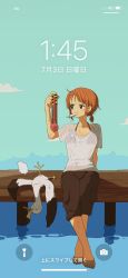 Rule 34 | 1girl, barefoot, bird, blue sky, breasts, brown eyes, brown shorts, cleavage, cloud, collarbone, food, food in mouth, highres, ice cream, low ponytail, nami (one piece), one piece, orange hair, fake phone screenshot, seagull, shirt, short hair, short sleeves, shorts, sky, soaking feet, sweat, tennosuke (tejons), translation request, water, wet, wet clothes, wet shirt, white shirt