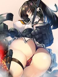 Rule 34 | 1girl, adapted turret, akizuki (kancolle), ass, barrel (weapon), black hair, blush, breasts, brown eyes, cannon, covered erect nipples, dress, fire, from behind, gloves, hairband, highres, hime cut, holding, kantai collection, large breasts, looking back, machinery, open mouth, panties, partially visible vulva, pleated skirt, red panties, ribbon, sailor dress, school uniform, serafuku, shirt, short sleeves, simple background, skirt, smoke, smokestack, solo, sparks, thigh strap, thighs, torisan, torpedo, torpedo launcher, torpedo tubes, turret, underwear, v, white shirt, white skirt, yellow ribbon