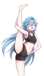 Rule 34 | 1girl, :d, absurdres, arm up, armpits, ass, bare arms, bare legs, bare shoulders, barefoot, black shorts, blue hair, breasts, closed eyes, closers, collar, crop top, fang, genderswap, genderswap (mtf), hair between eyes, highres, kumarang, leg lift, leg up, long hair, midriff, nata (closers), navel, open mouth, panties, panty peek, short shorts, shorts, sidelocks, simple background, small breasts, smile, solo, spiked hair, split, sports bra, standing, standing on one leg, standing split, stomach, thighs, underwear, upshorts, very long hair, white background