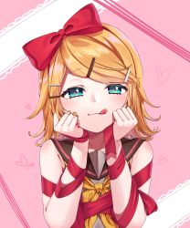 Rule 34 | 1girl, absurdres, bare shoulders, black sailor collar, blonde hair, blue eyes, bow, closed mouth, collarbone, commentary, grey shirt, hair bow, hair ornament, hairclip, hands up, heart, heart-shaped pupils, highres, inu8neko, kagamine rin, licking lips, looking at viewer, neckerchief, pink background, red bow, red ribbon, ribbon, sailor collar, shirt, sleeveless, sleeveless shirt, solo, swept bangs, symbol-shaped pupils, tongue, tongue out, upper body, vocaloid, yellow neckerchief