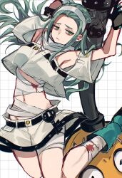 Rule 34 | a.b.a, bags under eyes, bandaged chest, bandages, blood, bloody bandages, green eyes, green hair, guilty gear, guilty gear strive, headband, highres, key, key in head, navel, object through head, paracelsus (guilty gear), stitched mouth, stitches, yuyuhi gm
