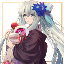 Rule 34 | 1girl, baobhan sith (fate), blue bow, blue eyes, blue flower, blush, bow, braid, candy apple, character print, closed mouth, commentary request, fate/grand order, fate (series), floral print, flower, food, grey hair, hair bow, hair flower, hair ornament, highres, holding, holding food, japanese clothes, kimono, long hair, looking at viewer, morgan le fay (fate), morgan le fay (fgo fes. 2023) (fate), neko daruma, official alternate costume, ponytail, solo, twin braids, very long hair