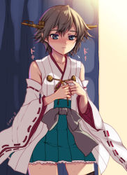 Rule 34 | 10s, 1girl, blue eyes, blush, brown hair, detached sleeves, hairband, hiei (kancolle), japanese clothes, kantai collection, kumao mofumofu, nervous, nontraditional miko, short hair, solo, sweatdrop, thighhighs, wide sleeves