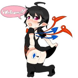 Rule 34 | 1girl, ass, asymmetrical wings, black hair, blush, clothes lift, dress, dress lift, female focus, houjuu nue, red eyes, short hair, solo, text focus, thighhighs, torque, touhou, wings
