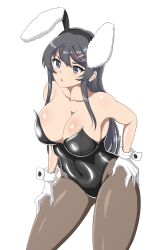 Rule 34 | 1girl, blue eyes, breasts, cleavage, covered navel, grey hair, hand on own hip, hand on leg, hand on own leg, hand on own thigh, hand on thigh, highres, large breasts, leaning forward, legs, leotard, long hair, open mouth, playboy bunny, rabbit ears, sakurajima mai, thighs
