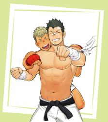 Rule 34 | 2boys, abs, bandages, bandaid, bandaid on face, bara, belt, biceps, black hair, blonde hair, blush, clenched hands, couple, closed eyes, facial hair, gloves, hakama, hug, hug from behind, itto (mentaiko), japanese clothes, large pectorals, long sideburns, male focus, mature male, multiple boys, muscular, muscular male, navel, open mouth, original, pants, pectorals, shorts, sideburns, smile, spiked hair, stubble, thick eyebrows, topless male, yaoi
