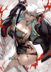 Rule 34 | 1girl, armor, asymmetrical clothes, asymmetrical horns, azur lane, black choker, black coat, black gloves, breasts, choker, cleavage, coat, dress, gloves, hakuryuu (azur lane), highres, holding, holding sword, holding weapon, horns, japanese armor, large breasts, looking at viewer, lost-phews, mismatched horns, ootachi, open clothes, open coat, panties, pleated dress, sakuramon, sash, solo, suneate, sword, thighs, torn clothes, torn panties, underwear, unsheathed, weapon, white eyes, white sash, wide sleeves