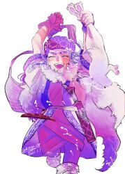 Rule 34 | 1girl, 2021, ^ ^, ainu, ainu clothes, animal, arms up, asirpa, cloak, closed eyes, commentary request, dated, dctroo 08, earrings, floating hair, golden kamuy, happy, headband, highres, holding, holding animal, holding rabbit, hoop earrings, jewelry, purple theme, rabbit, simple background, solo, thick eyebrows, white background