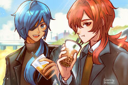 Rule 34 | 2boys, black jacket, blue eyes, blue hair, blue sky, brown sweater, bubble tea, cloud, cloudy sky, collared shirt, day, diluc (genshin impact), genshin impact, highres, jacket, kaeya (genshin impact), long hair, male focus, multiple boys, open mouth, outdoors, red eyes, red hair, shadow, shirt, sky, smile, sparkle, sweater, white shirt, xindi