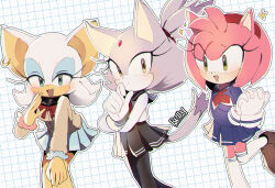 Rule 34 | 3girls, alternate costume, amy rose, animal ears, arm support, artist name, bat ears, bat girl, black pantyhose, black skirt, blaze the cat, blue eyeshadow, blue shirt, blue skirt, blush, bow, bowtie, bracelet, breasts, brown footwear, brown jacket, buttons, cat ears, cat girl, cat tail, checkered background, closed mouth, collared jacket, commentary, earrings, english commentary, eyelashes, eyeshadow, fang, furry, furry female, gem, gloves, gold, green eyes, grid background, hair ornament, half-closed eyes, hand on own face, hand up, hands up, hedgehog, hedgehog ears, hedgehog tail, jacket, jewelry, kneehighs, leg up, long sleeves, looking at another, looking at viewer, makeup, medium breasts, miniskirt, multicolored eyes, multicolored fur, multiple girls, neck ribbon, open mouth, orange fur, own hands together, pantyhose, pink fur, pink gemstone, pink hair, ponytail, puffy long sleeves, puffy sleeves, purple eyes, purple fur, purple hair, red bow, red bowtie, red ribbon, rellyia, ribbon, rouge the bat, sailor collar, school uniform, serafuku, shirt, shoes, short hair, short ponytail, single earring, skirt, smile, smug, socks, sonic (series), standing, standing on one leg, star (symbol), tail, tongue, two-tone fur, white background, white fur, white gloves, white hair, white shirt, white socks, yellow eyes
