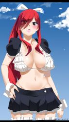 Rule 34 | 1girl, absurdres, bikini, bikini top only, blush, breasts, brown eyes, cleavage, curvy, erza scarlet, fairy tail, gaston18, hair over one eye, hand on own hip, highres, large breasts, long hair, midriff, navel, open mouth, red hair, revealing clothes, skirt, solo, swimsuit, wide hips