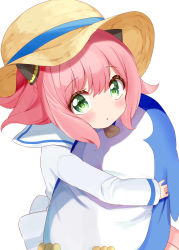 Rule 34 | 1girl, absurdres, anya (spy x family), blush, brown hat, child, green eyes, hair between eyes, hat, highres, hugging object, kiyo (yamazoe1122), long sleeves, looking at viewer, parted lips, pink hair, pleated skirt, sailor collar, shirt, skirt, sleeves past wrists, solo, spy x family, stuffed animal, stuffed penguin, stuffed toy, sun hat, white background, white sailor collar, white shirt, white skirt