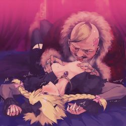 Rule 34 | 2boys, bad end, bed, blonde hair, blush, braid, brooch, cloud strife, crossdressing, don corneo, final fantasy, final fantasy vii, final fantasy vii remake, frilled sleeves, frills, garter straps, hatomugi gohan, highres, jewelry, licking, licking nipple, male focus, multiple boys, necklace, nipple stimulation, nipples, spiked hair, thighhighs, trap, trembling, twin braids, wall market, yaoi
