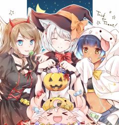 Rule 34 | 4girls, animal ears, blue hair, brown hair, candy, cat ears, closed eyes, crescent moon, demon horns, eunie (xenoblade), food, ghost costume, halloween bucket, halloween costume, hat, head wings, horns, lollipop, manana (xenoblade), midriff, mio (xenoblade), moon, multiple girls, navel, nopon, pumpkin hat, sena (xenoblade), smile, trick or treat, ui frara, white hair, wings, witch hat, xenoblade chronicles (series), xenoblade chronicles 3