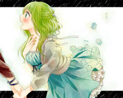 Rule 34 | 1girl, bad id, bad pixiv id, blue dress, blush, bracelet, braid, cropped jacket, dress, frills, green eyes, green hair, gumi, hair ornament, hand on own chest, highres, holding hands, jewelry, letterboxed, nail polish, nemutagari, open mouth, profile, puzzle piece, short hair, vocaloid, wavy hair, white background