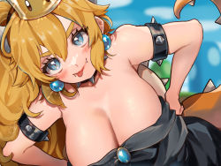 Rule 34 | &gt;:), 1girl, :p, armlet, bare shoulders, black collar, black dress, blonde hair, blue eyes, blurry, blurry background, blush, bowsette, breasts, cleavage, collar, crown, day, dress, earrings, fangs, fangs out, hair between eyes, hands on own hips, highres, jewelry, large breasts, leaning to the side, long hair, looking at viewer, mario (series), new super mario bros. u deluxe, nintendo, outdoors, slit pupils, smile, solo, spiked armlet, spiked collar, spiked shell, spiked tail, spikes, strapless, strapless dress, super crown, tail, tongue, tongue out, turtle shell, uchisaki himari, upper body, v-shaped eyebrows