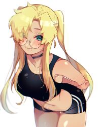 Rule 34 | 1girl, arms behind back, asymmetrical bangs, bike shorts, blonde hair, blurry, blush, breasts, choker, cleavage, closed mouth, collarbone, cowboy shot, depth of field, eyes visible through hair, glasses, green eyes, hair over one eye, highres, large breasts, leaning forward, long hair, looking at viewer, mole, mole under mouth, original, parted bangs, pmoufu, round eyewear, simple background, smile, solo, sports bra, twintails, white background