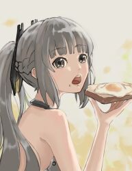 Rule 34 | 1girl, absurdres, bare arms, bare shoulders, black choker, bob cut, braid, bread, choker, egg (food), food, food on face, french braid, grey eyes, grey hair, hair ornament, highres, holding, holding food, looking at viewer, nanami: pulse (punishing: gray raven), nanami (punishing: gray raven), open mouth, ponytail, punishing: gray raven, sidelocks, solo, teeth, trashpanda 11b, upper teeth only