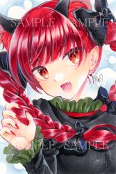 Rule 34 | 1girl, :d, alto2019, animal ears, artist name, black bow, bow, braid, cat ears, dress, extra ears, fang, fingernails, green dress, hair bow, kaenbyou rin, looking at viewer, nail polish, open mouth, red eyes, red hair, red nails, signature, smile, solo, touhou, traditional media, twin braids