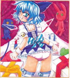 Rule 34 | 1girl, ass, blue eyes, blue hair, blush, bow, cirno, clothes lift, dress, dress lift, from behind, grin, hair bow, ice, ice wings, izayoi gekka, matching hair/eyes, panties, puffy short sleeves, puffy sleeves, shikishi, short dress, short sleeves, smile, solo, striped clothes, striped thighhighs, stuffed animal, stuffed rabbit, stuffed toy, teeth, thighhighs, touhou, traditional media, underwear, wings, wrist cuffs