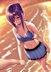 Rule 34 | 1boy, 1girl, absurdres, bare arms, bare shoulders, beach, bikini, bikini skirt, blue eyes, blurry, blurry background, blush, breasts, cleavage, closed mouth, collarbone, hair ornament, hair over one eye, hairclip, highres, holding hands, lips, medium breasts, navel, original, out of frame, piromizu, purple hair, scan, shore, skirt, stomach, sunset, swimsuit, water, water drop