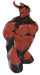 Rule 34 | 1boy, abs, absurdres, arms behind back, bara, bare pectorals, bare shoulders, bikini briefs, black gloves, black male underwear, black thighhighs, broken horn, bulge, character request, check character, check copyright, chest harness, colored skin, copyright request, cropped legs, demon boy, demon horns, elbow gloves, facial hair, gloves, harness, highres, horikwawataru, horns, large pectorals, looking to the side, male focus, male pubic hair, male underwear, mature male, monster boy, muscular, muscular male, navel, navel hair, nipple piercing, nipple rings, nipples, original, pectoral press, pectorals, piercing, pubic hair, red skin, short hair, sideburns, solo, stomach, stubble, thick thighs, thighhighs, thighs, underwear, veins